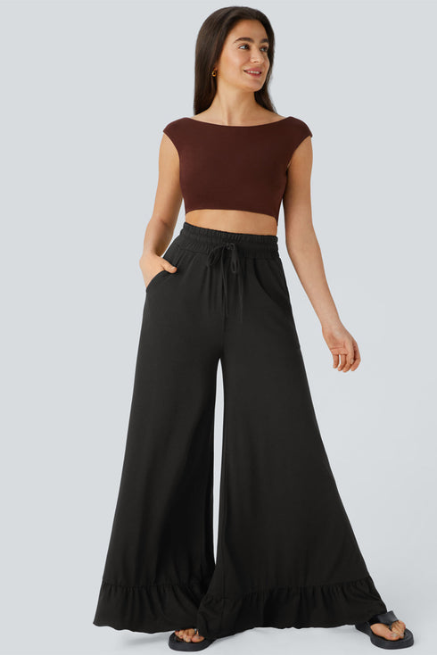 Pull On Elastic High Waist Drawstring Pocket Ruffle Hem Wide Leg Pants